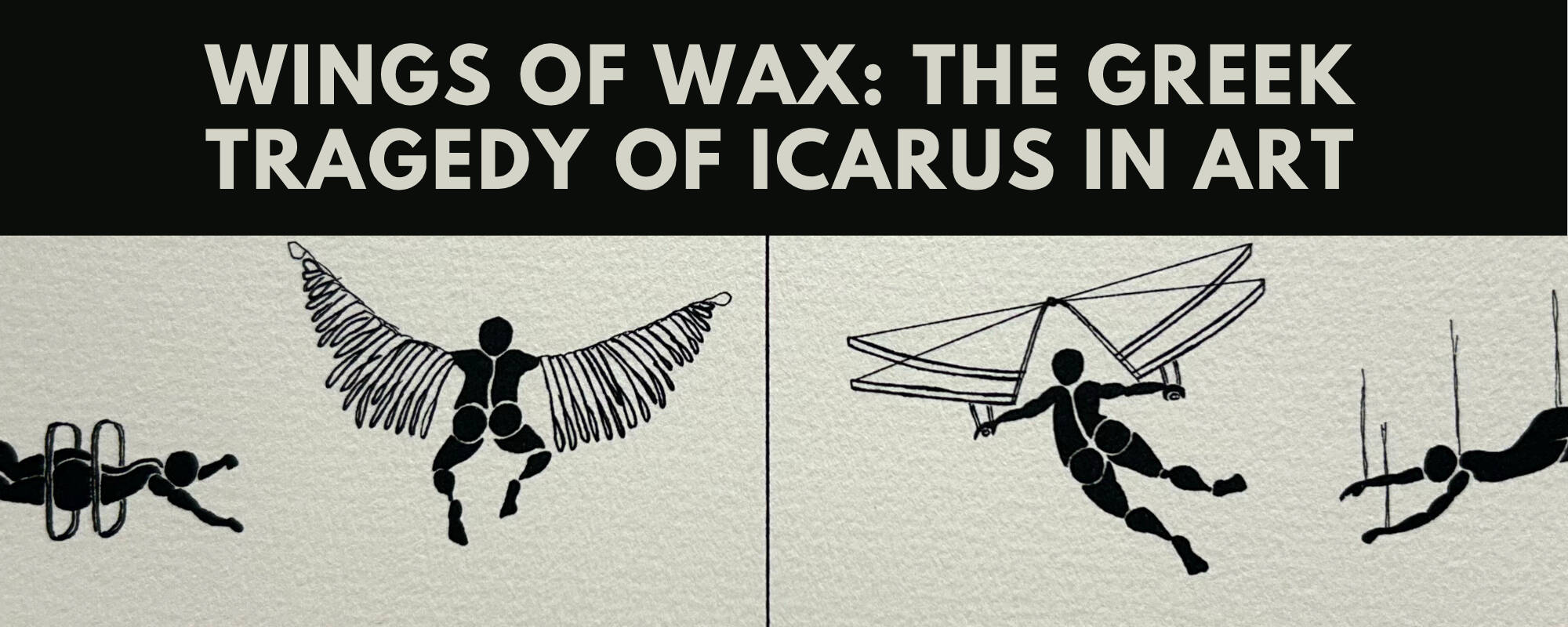 Title image for the blog "Wings of Wax" that shows a black and white image of Greek stick figures with wings.
